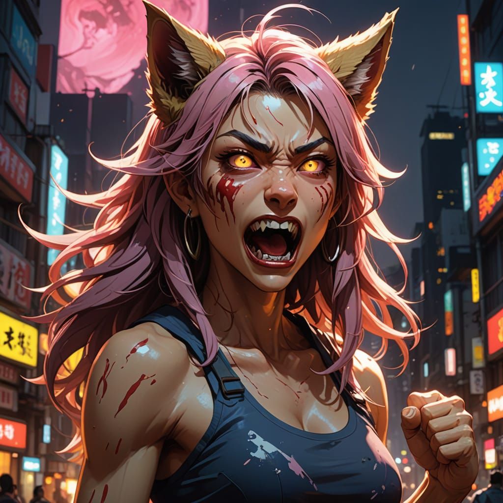 Moe Anime Werewolf Girl Roars with Fierce Determination