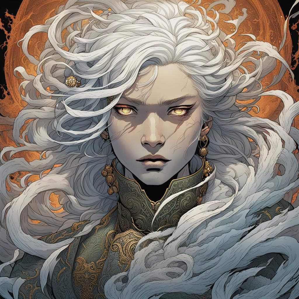 Anger Portrait: White-Haired Girl in Dark Fantasy Style