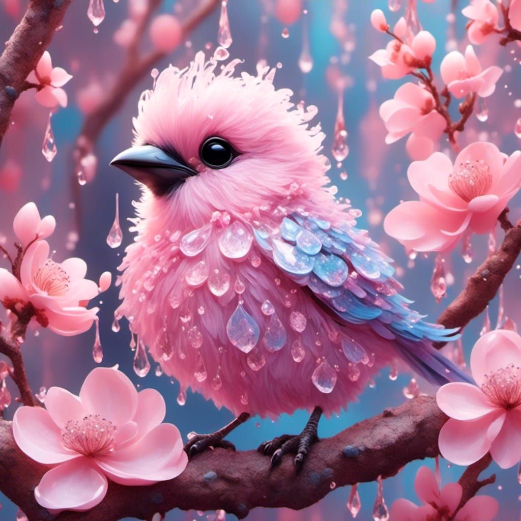 Pastel Pink Bird on Dogwood Branch with Crystals