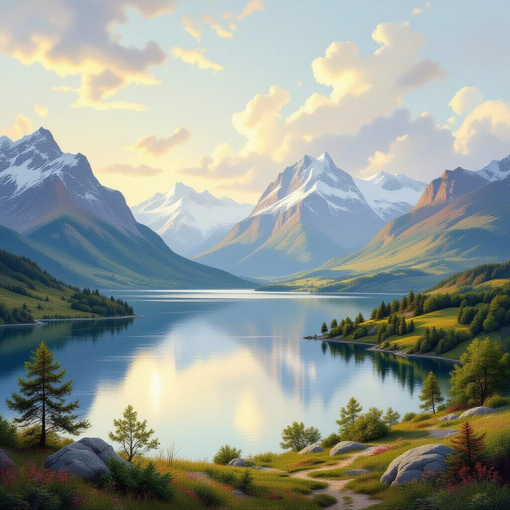 Dreamy Landscape with Hills and Lake