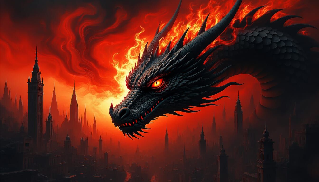 Fiery Dragon Dissolving into Hellish Cityscape