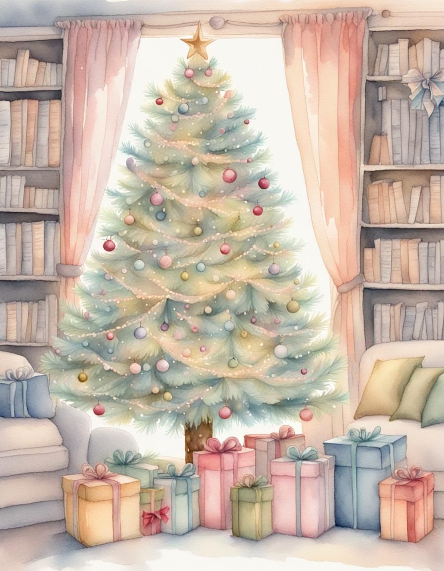 Pastel Christmas Tree Watercolor Book Illustration