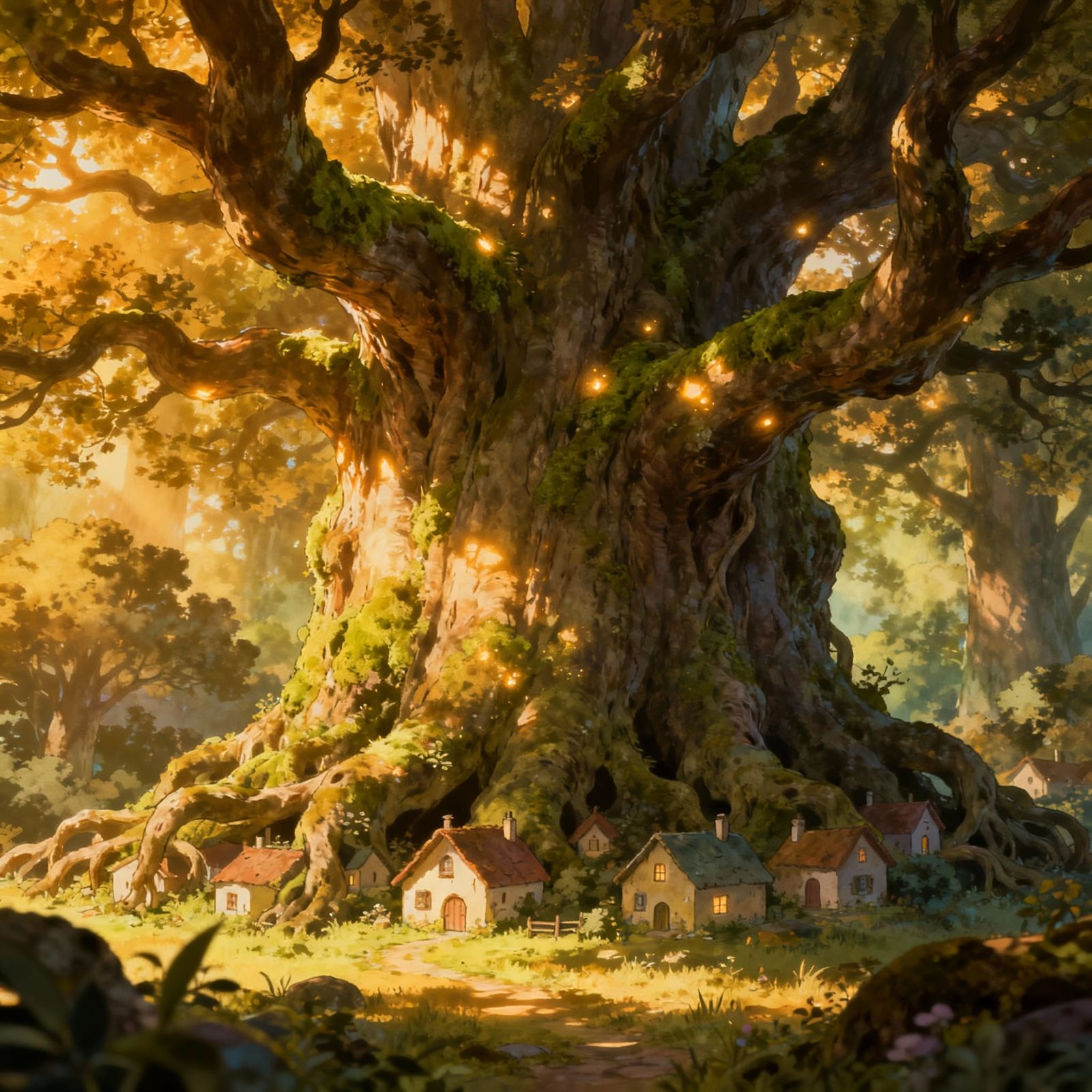 Fantasy Village Nestled in Giant Ancient Tree