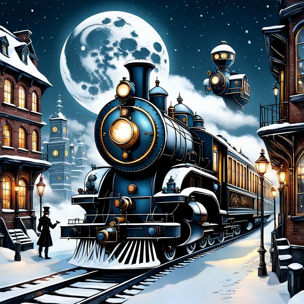 Steampunk City Under Snowy Moon with Train