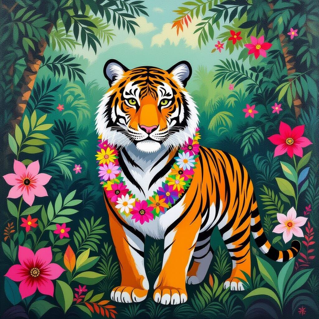 Majestic Tiger in Jungle with Floral Garland