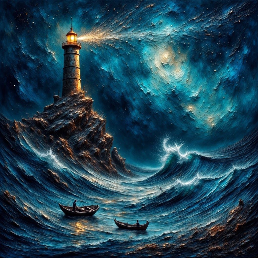 A weathered lighthouse stands defiantly on a rocky outcrop, its beam cutting through a tu...