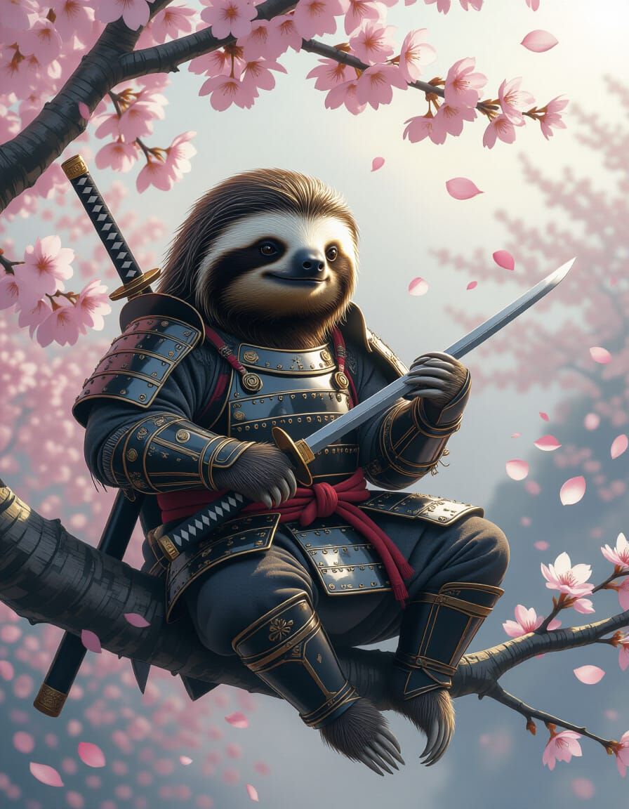 Sloth Samurai in Cherry Blossom Mist