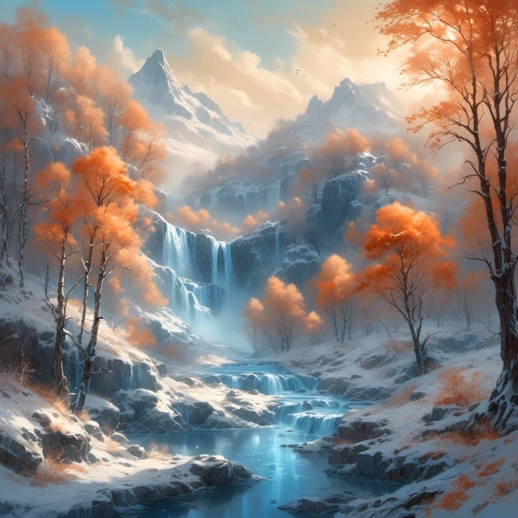 Frozen Waterfall Cascades Down Snowy Mountain