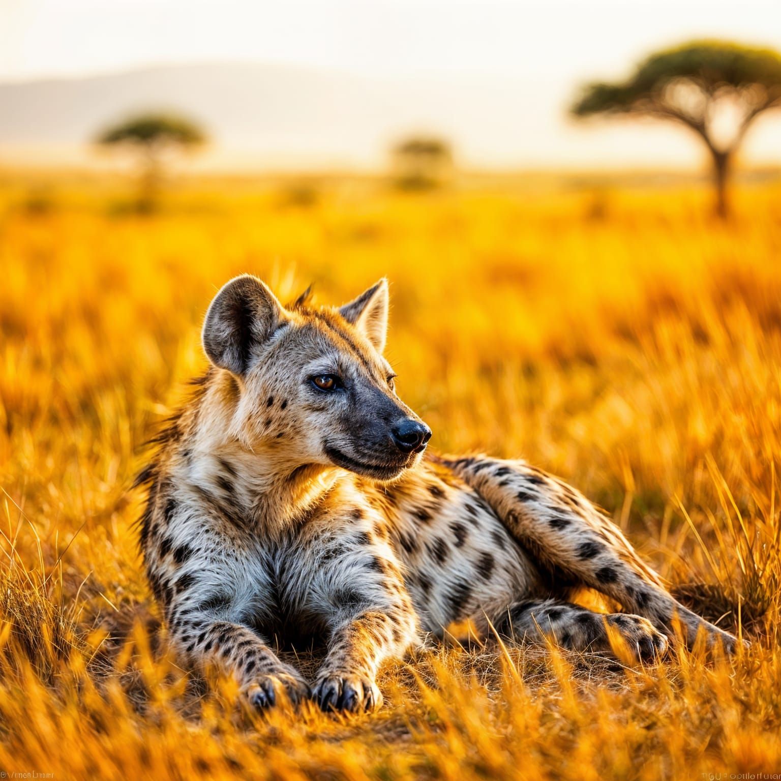 Hyperrealistic Hyena Resting in Golden Savannah