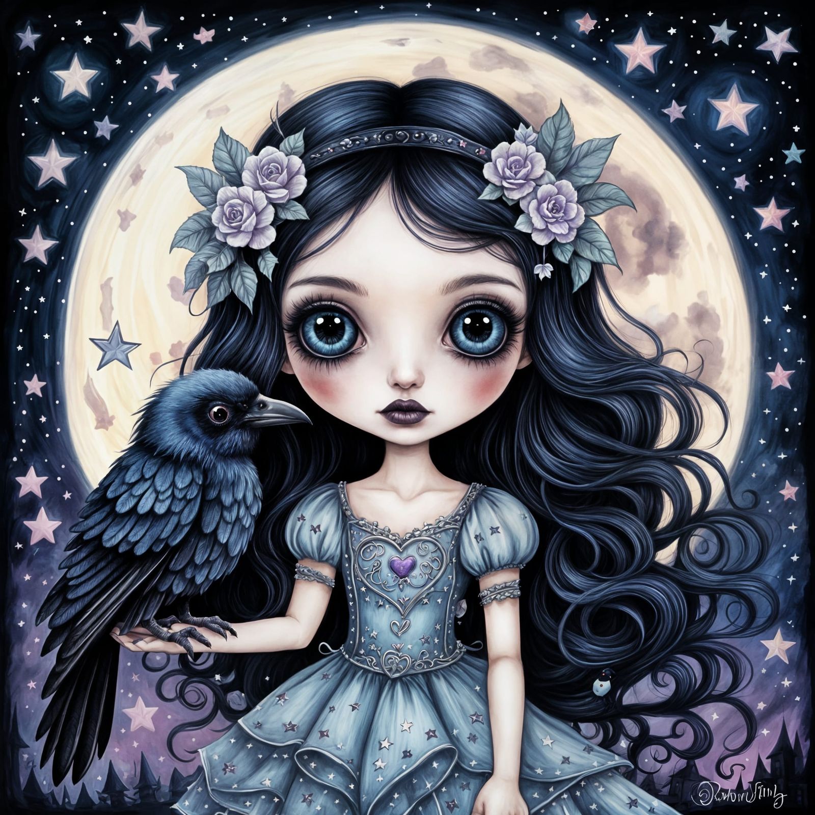 Chibi Goth Girl with Raven, Surreal Art