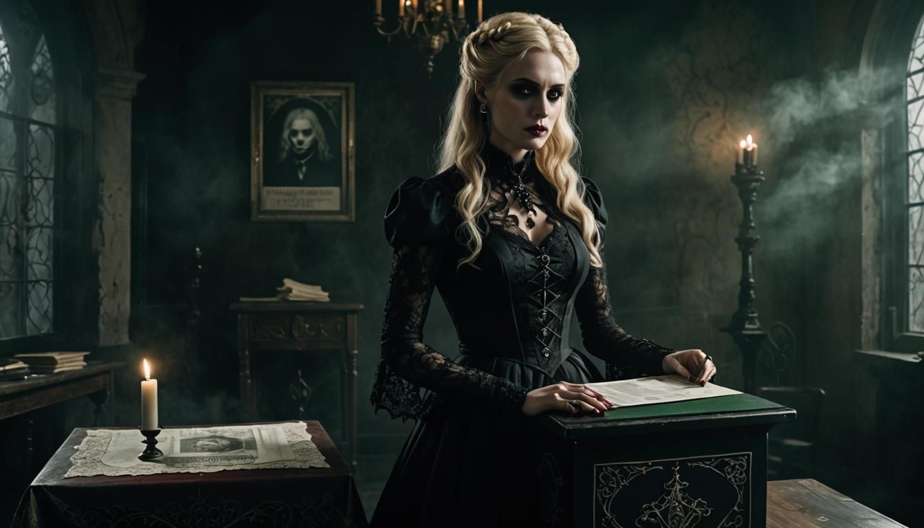 Gothic Woman Oversees Ballot Box in Surreal Scene