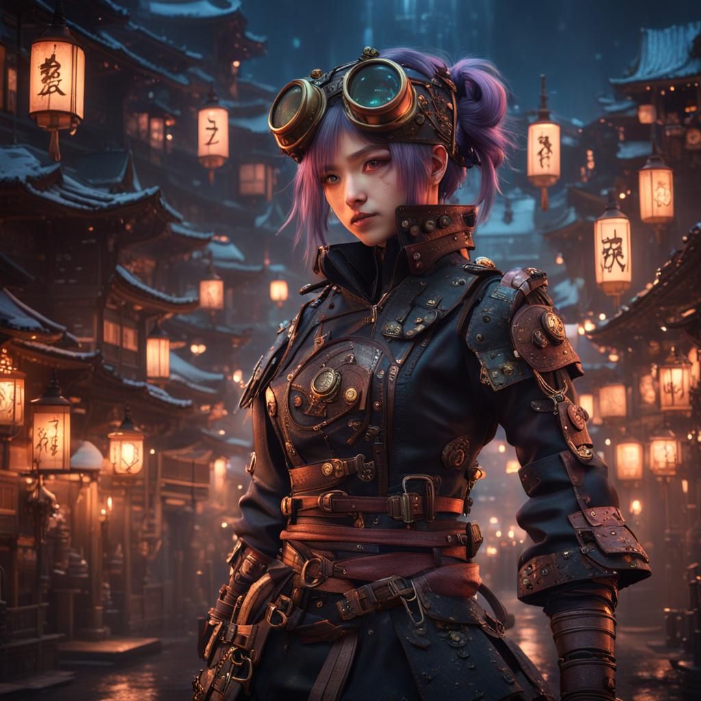 Steampunk Kunoichi in Cyberpunk City at Night