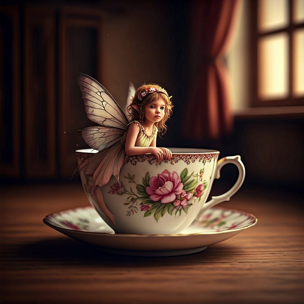Minuscule Fairy in Teacup, Hyperrealistic Digital Art