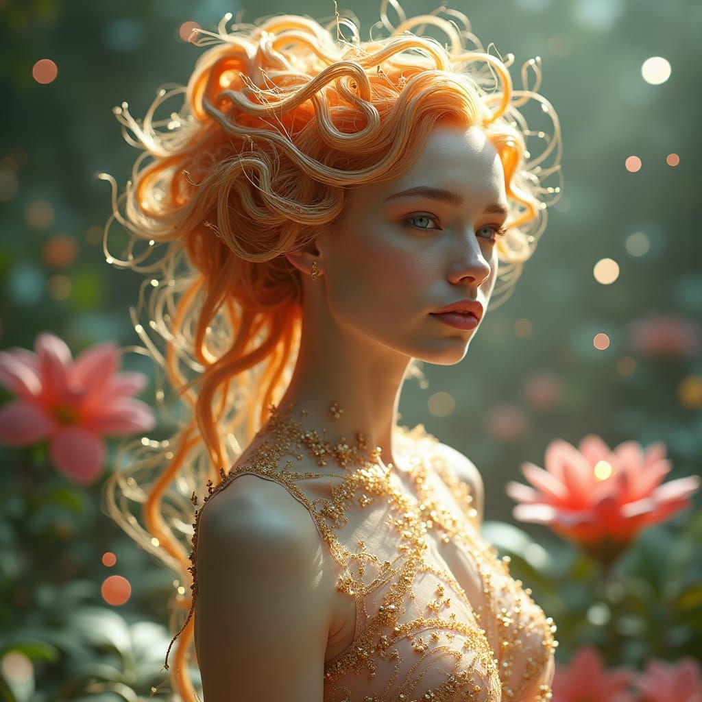 Ethereal Woman in Celestial Garden, Digital Art