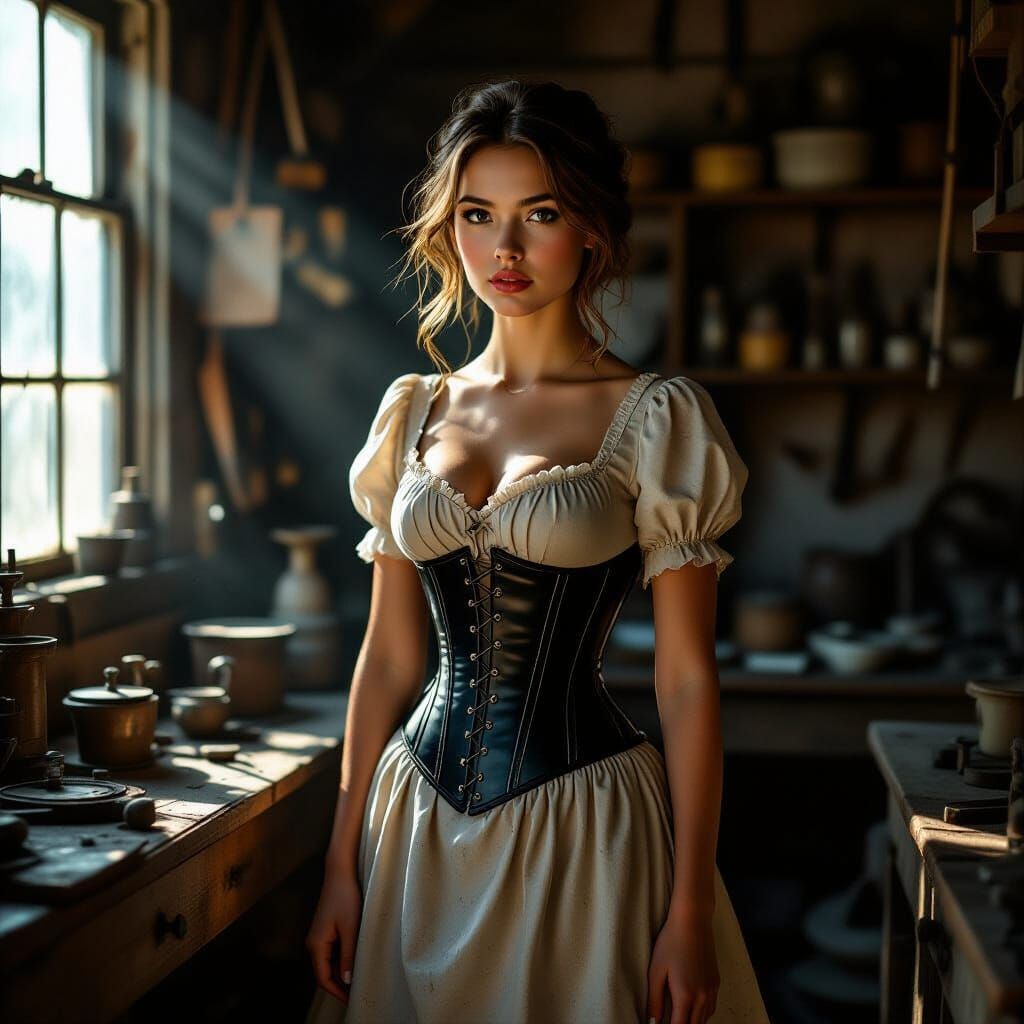 Young Woman in Vintage Dress in Antique Workshop