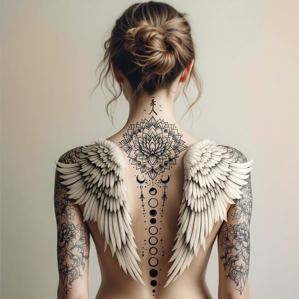Ethereal Woman with Intricate Tattoos and Angel Wings
