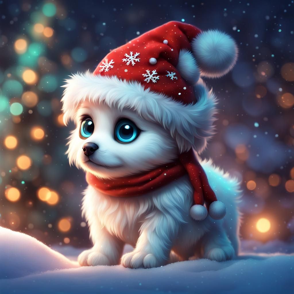 Adorable Big-Eyed Puppy in Christmas Hat