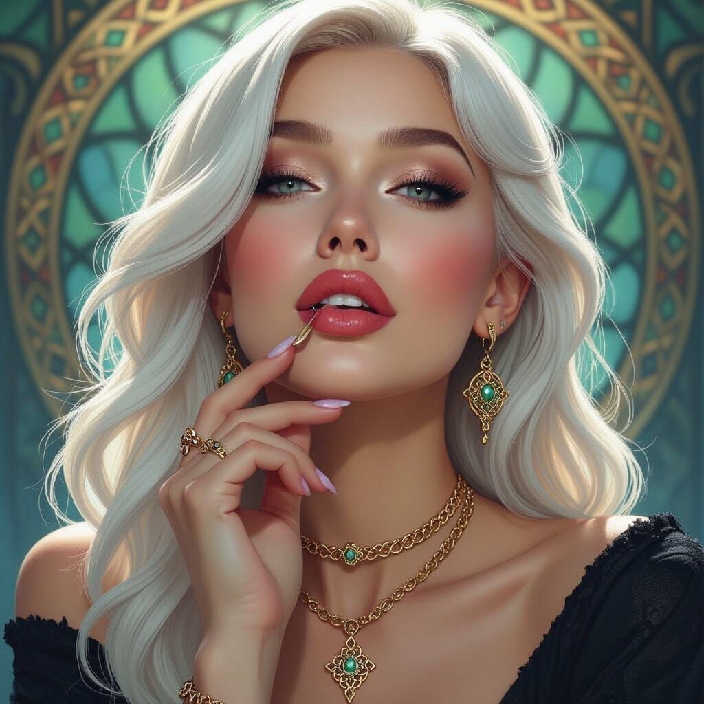 Platinum Blonde Woman with Celtic Jewelry in Art Nouveau Sty...