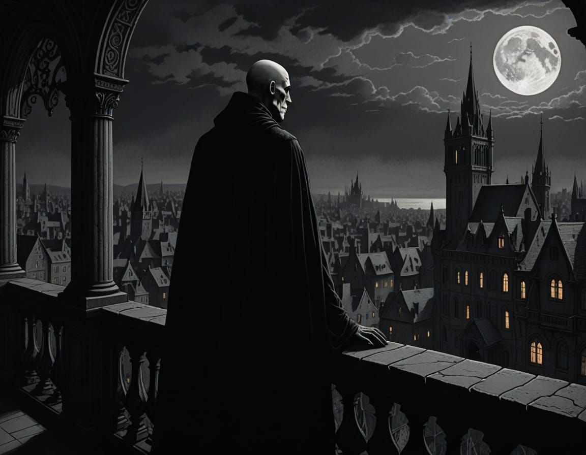Gothic Vampire on Balcony in Moonlit City