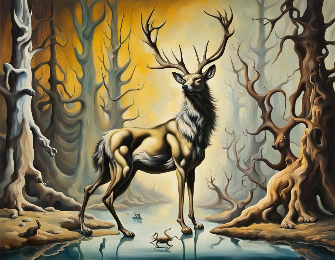Surreal Wolf Hunt in Forest, Dali Style