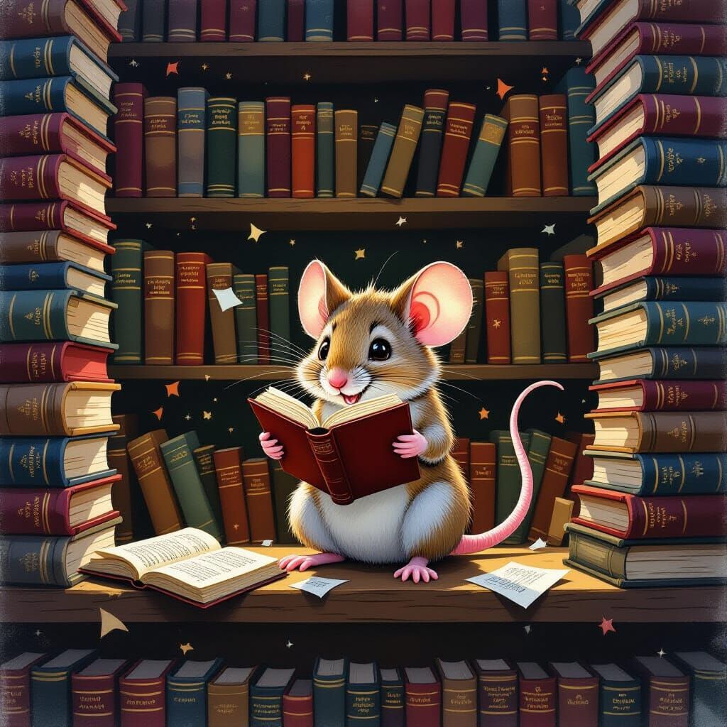 Mischievous Library Mouse as Watercolor Art