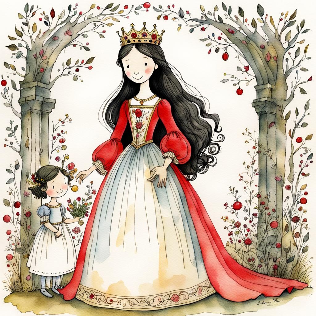 Medieval Princess in Garden Storybook Illustration
