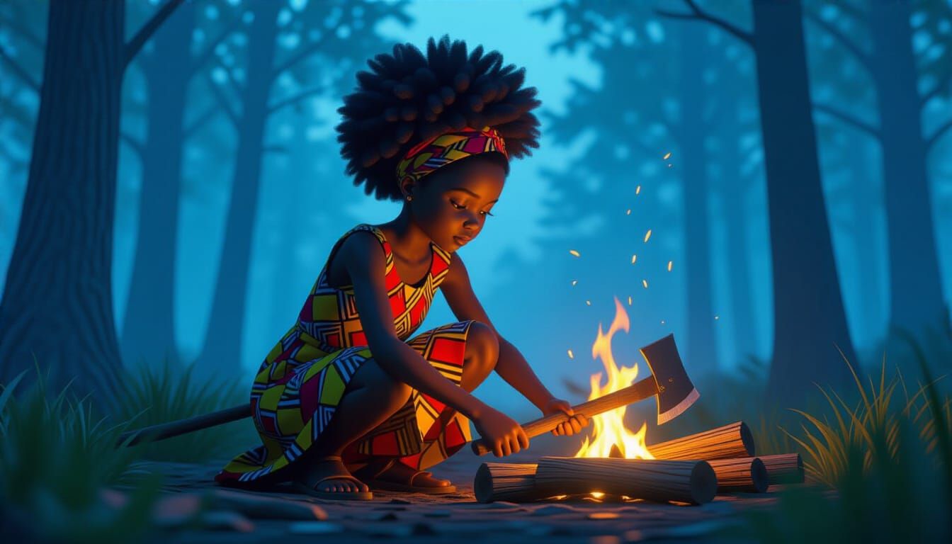 African Girl Picking Firewood at Midnight