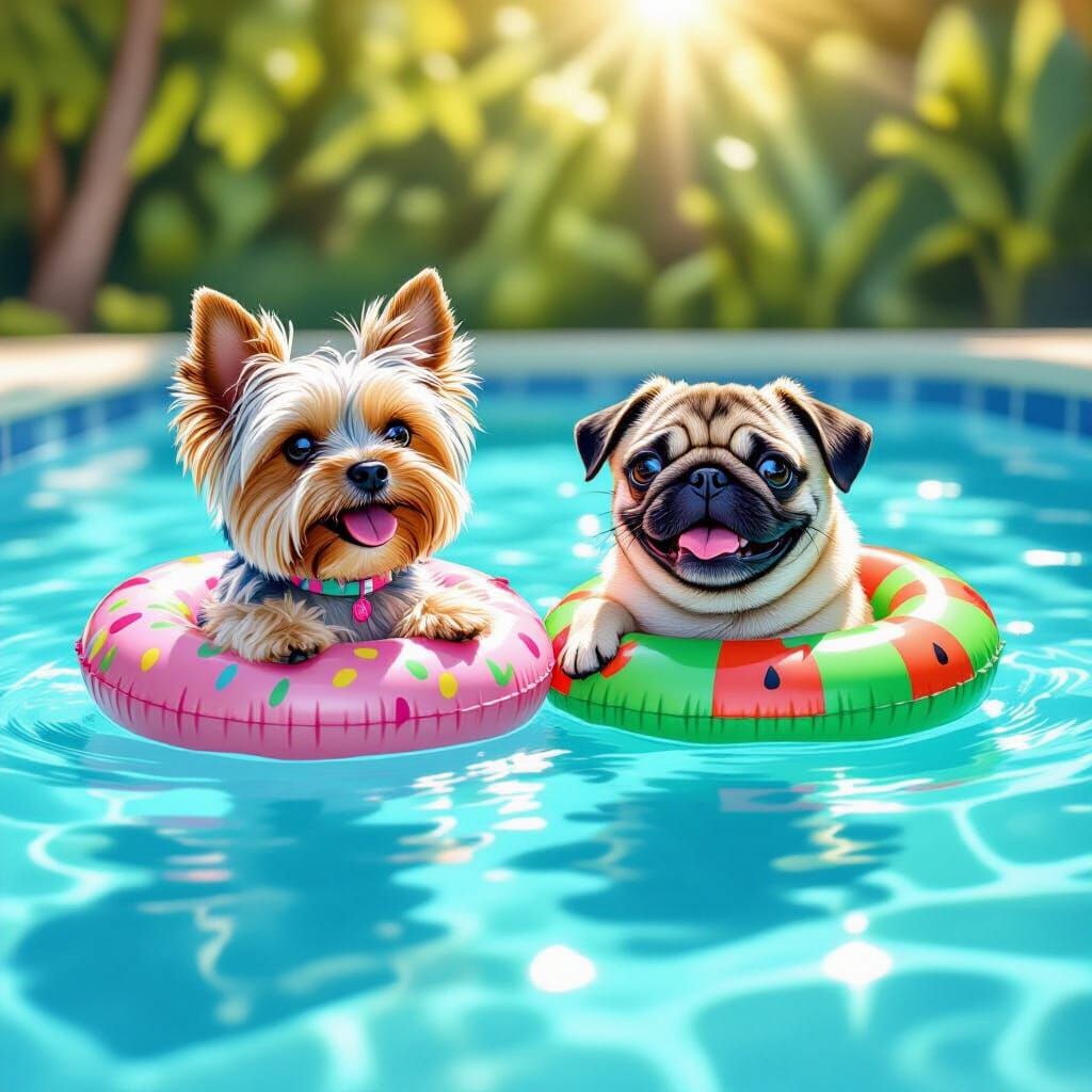 Yorkie and Pug Swim with Donut and Watermelon Floaties