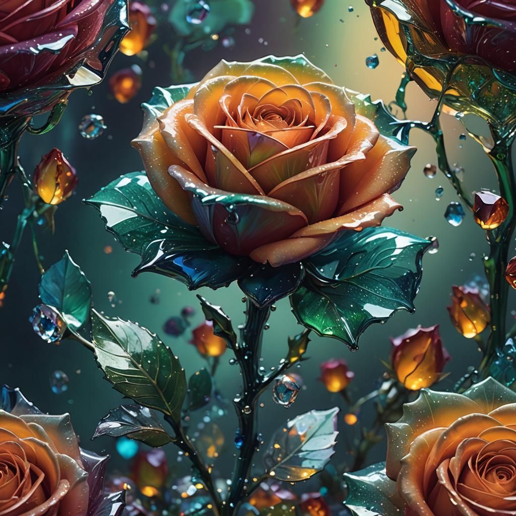 Green Crystal Rose: Hyper-Realistic Splash Art