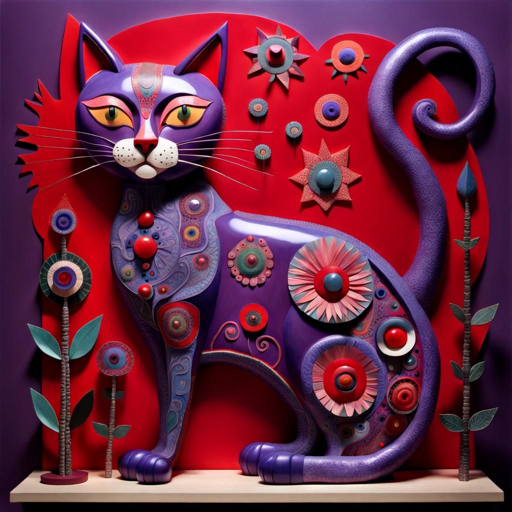 Intricate Glass Cat in Naive Art Style