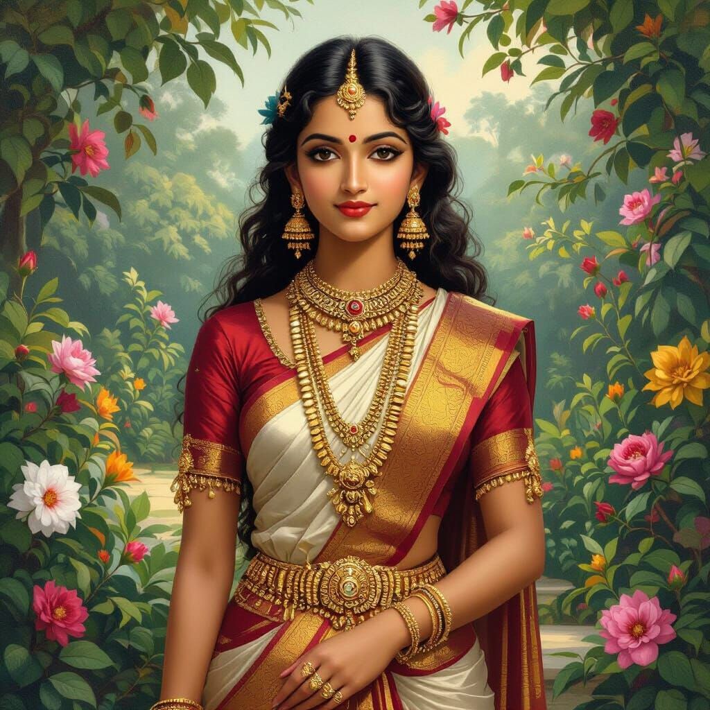 Parvati in Indian Garden, Raja Ravi Varma Style