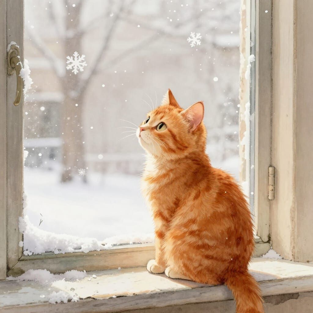 Ginger Cat Watches Snowflakes from Windowsill in Storybook S...