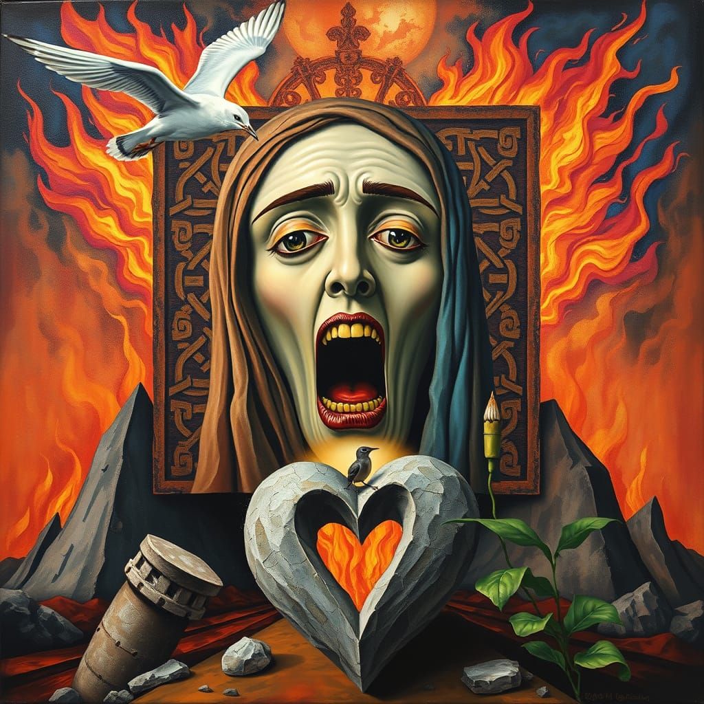 Surrealist Abstract Face in Vibrant Cubic Pattern