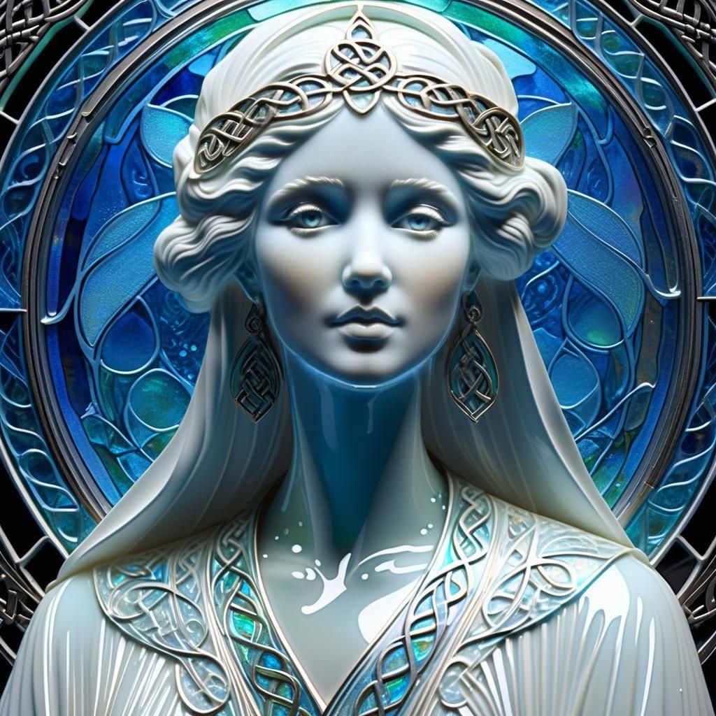 Art Nouveau Celtic Woman in Blue Glass Etching