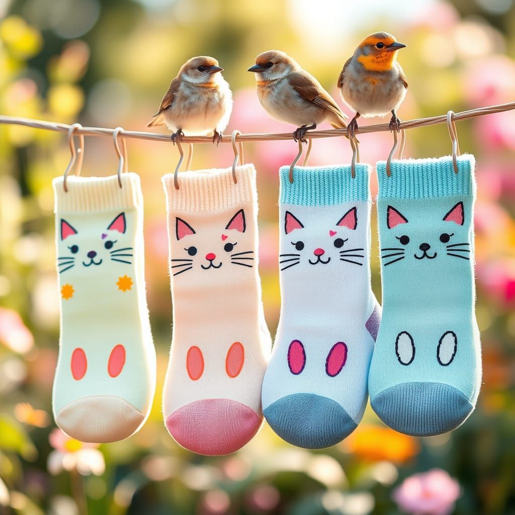 Kawaii Cat Socks Drying in Warm Sunlight