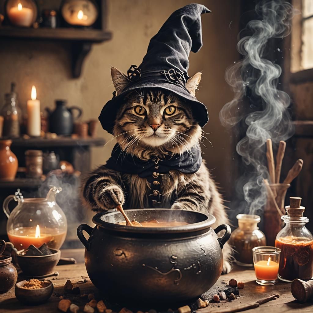 Cat Witch Brews Potion in Autumnal Light