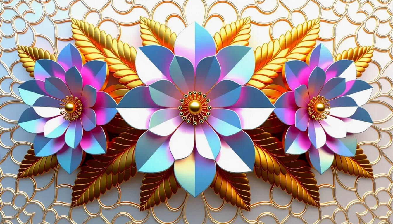 3D Floral Triptych with Holographic Gradients and Gold Accen...