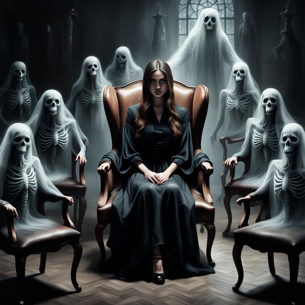 beautiful girl sitting on armed chair facingmeeting of ghosts, terrifying creatures, eerie