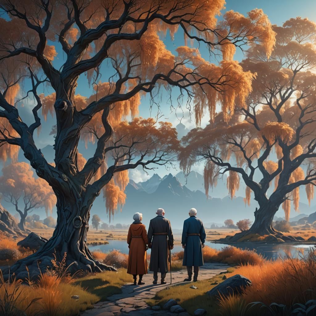 Serene Landscape with Elderly Couple in Fantasy Art