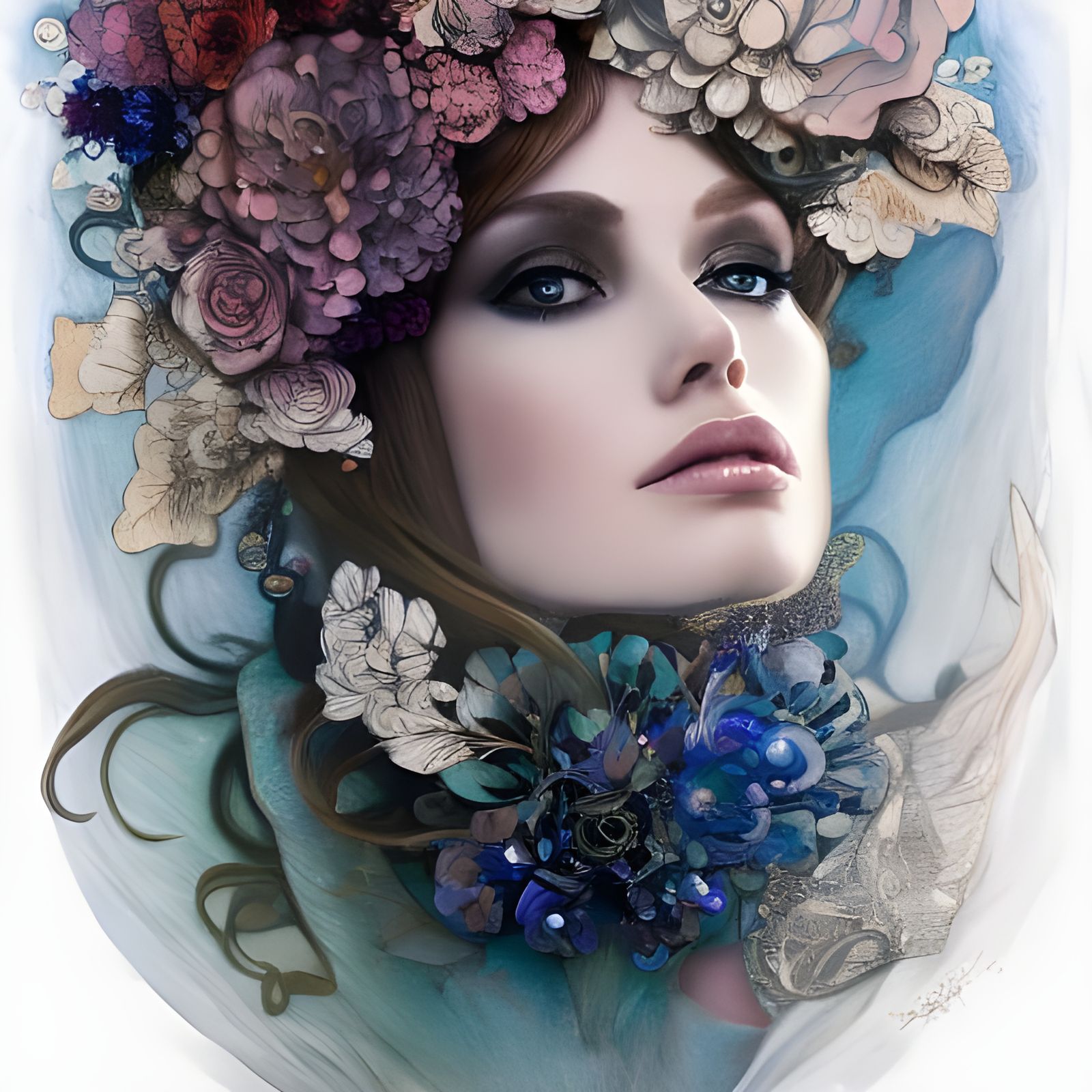 Woman in Floral Turtleneck: Art Nouveau Portrait