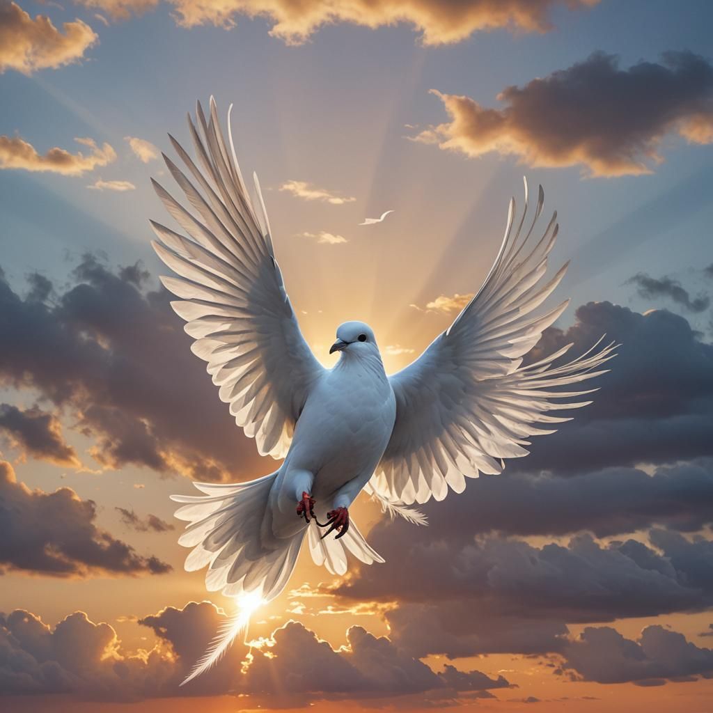 Dove of Peace with Silver Feather at Sunrise