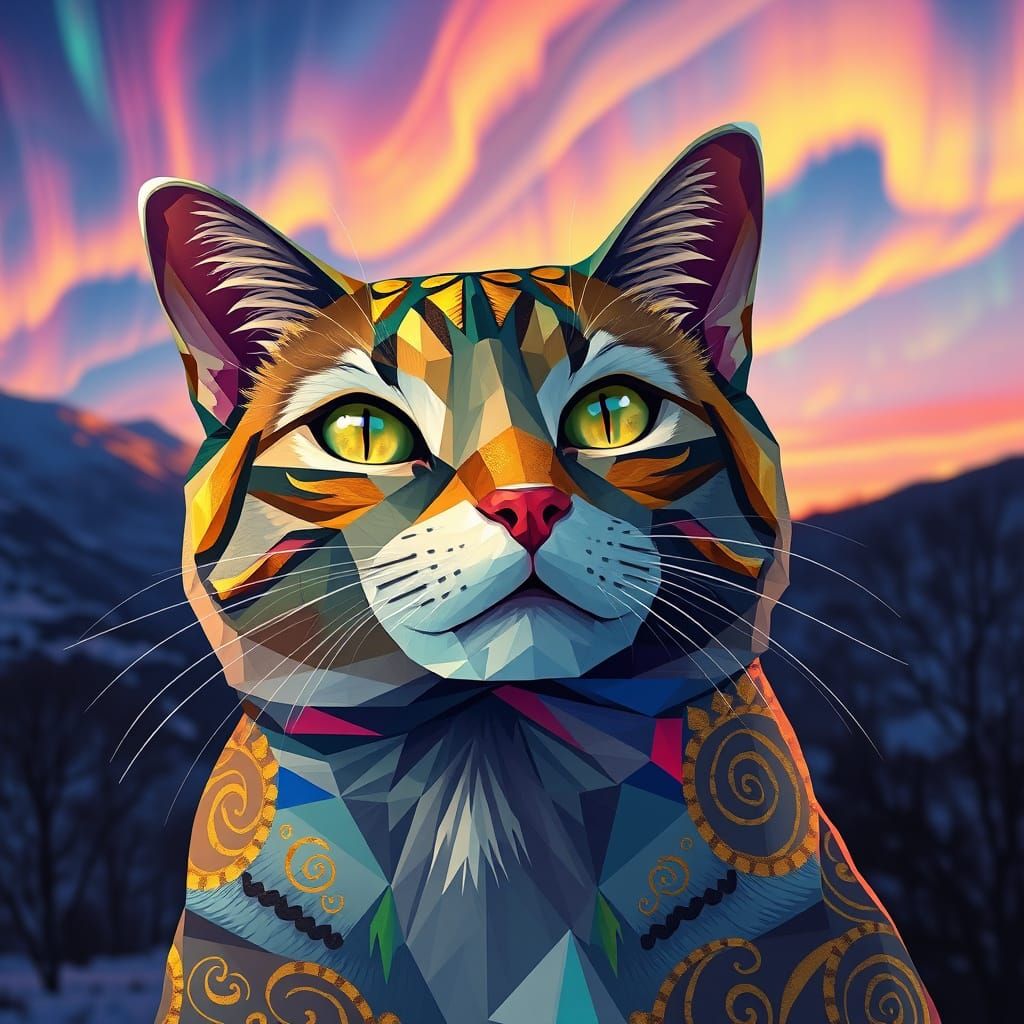 Iridescent Cat in Neo-Cubist Aurora Borealis