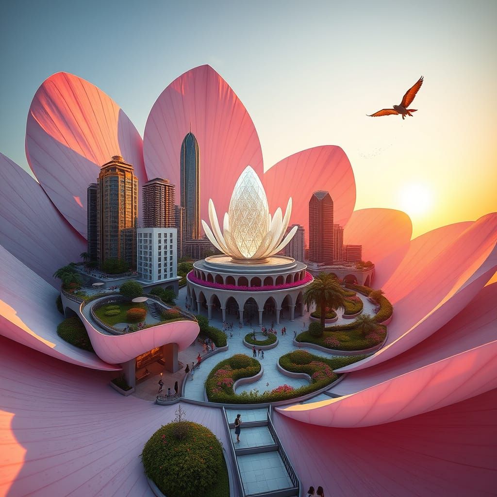 Metropolis City Inside Giant Flower Petals at Golden Hour