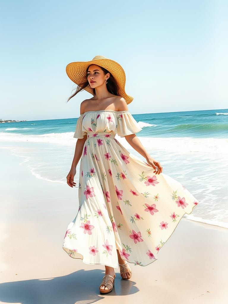 Woman in Whimsical Beach Scene, Soft Pastel Colors