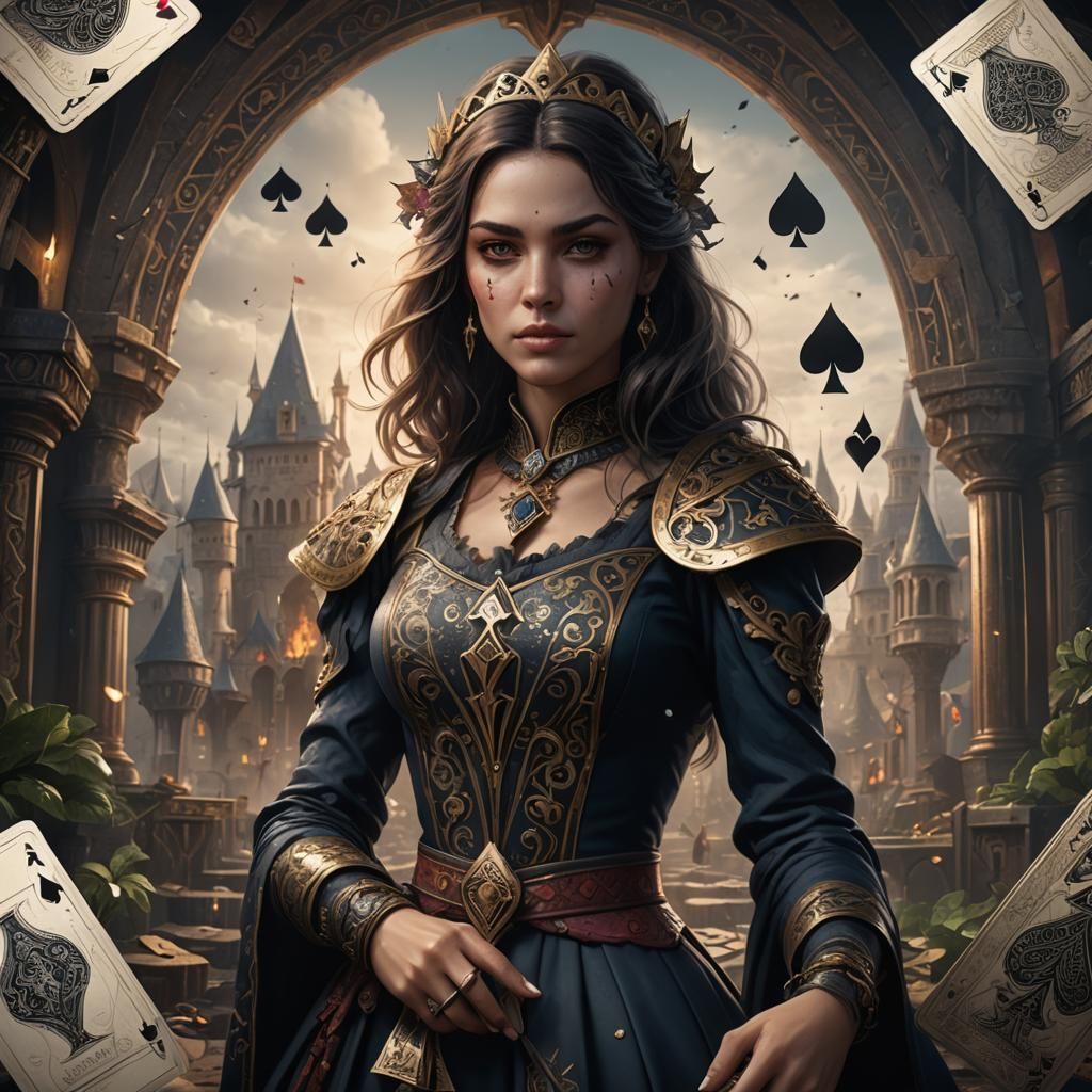 Woman Holding Six of Spades in Detailed Digital Art