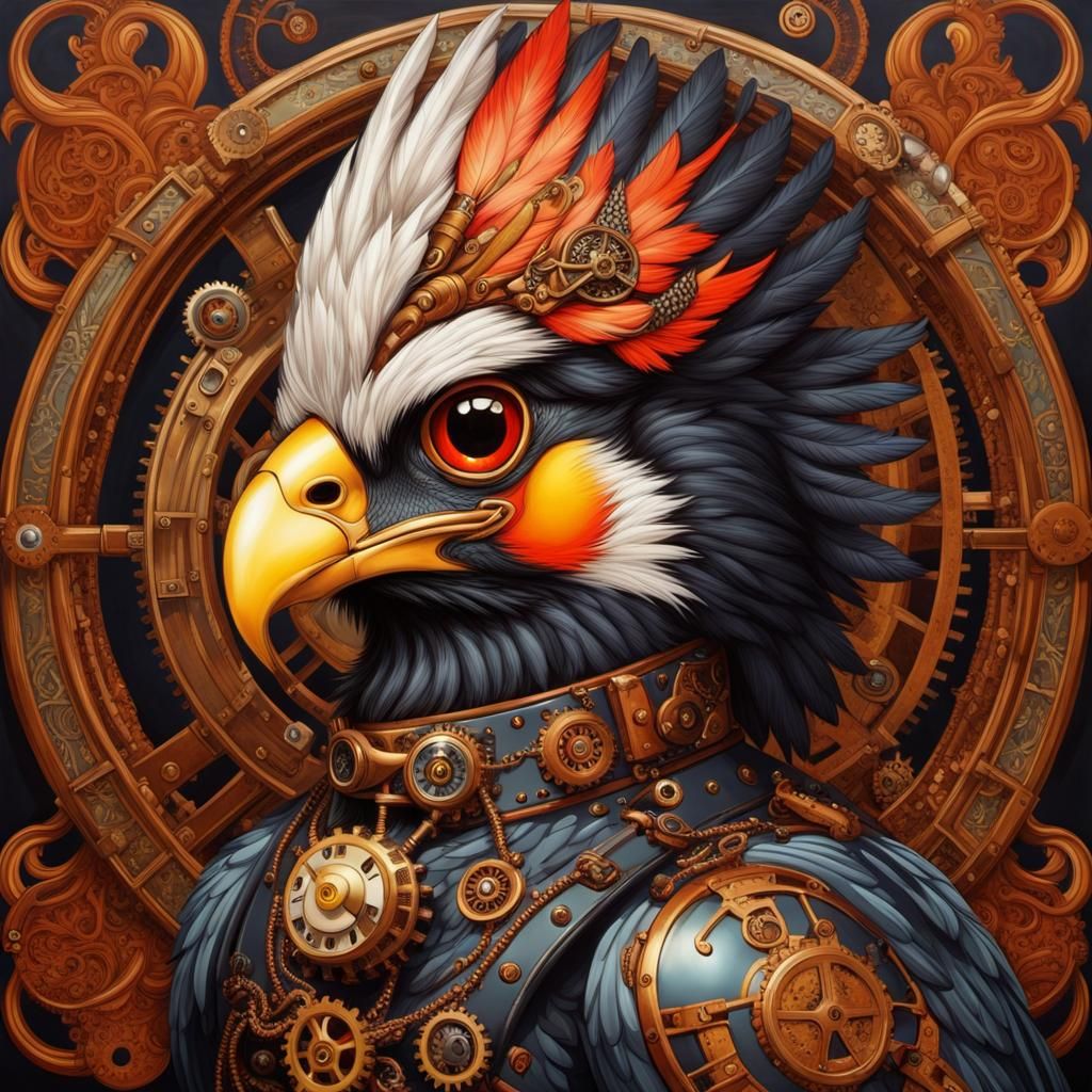 Steampunk Firehawk Bird in Portrait Style