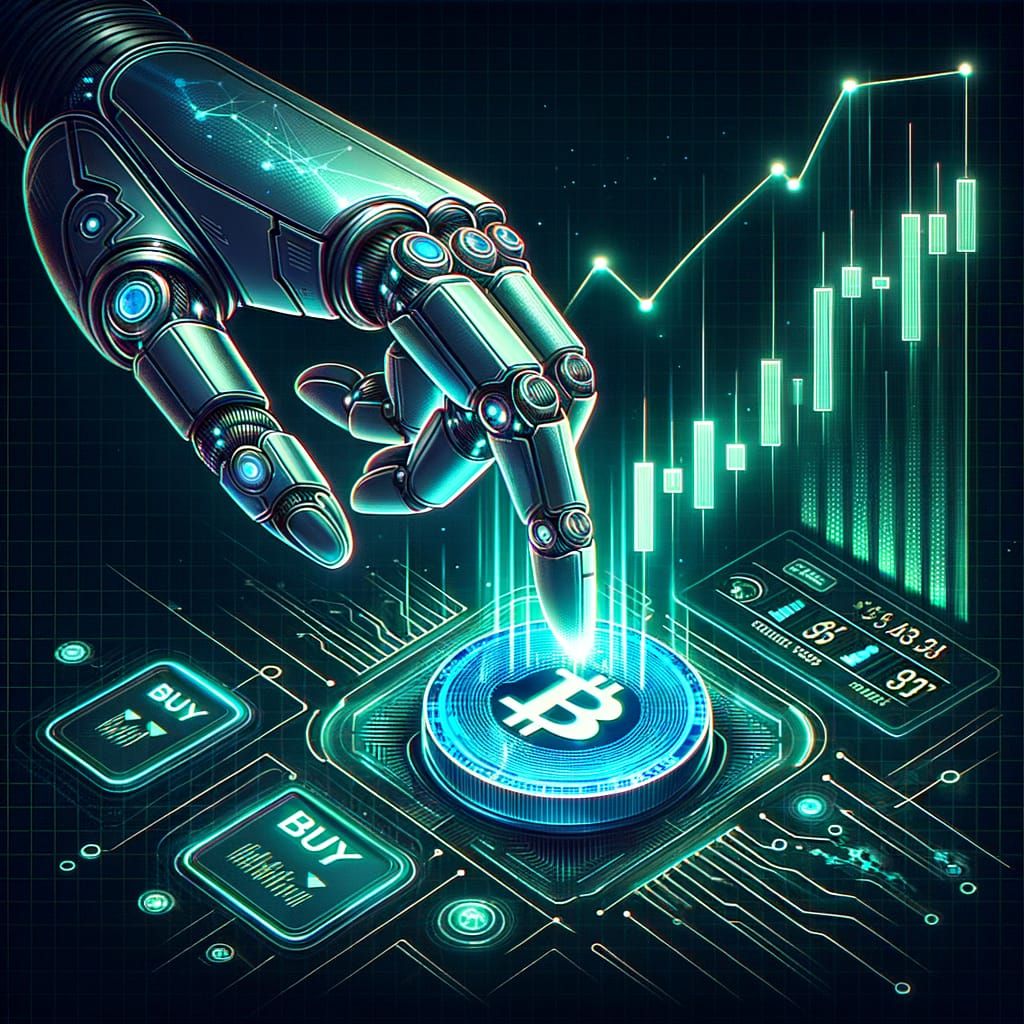 Cyberpunk Robot Trading Bot Icon with Holographic BUY Button