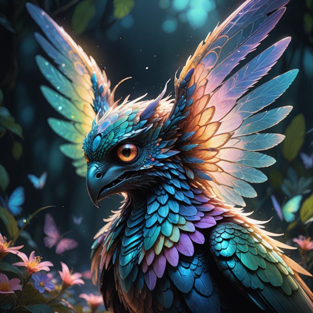 Majestic Creature with Iridescent Wings in Ethereal Light
