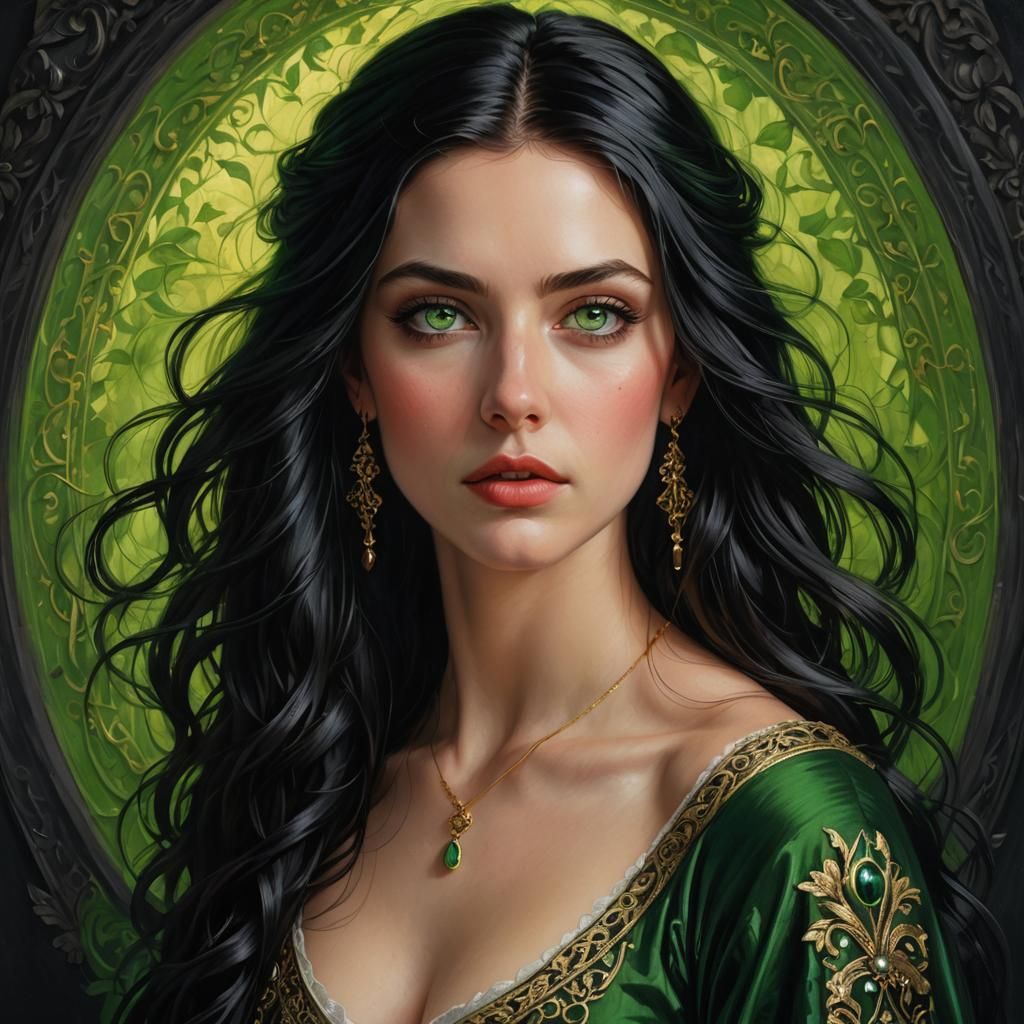 Woman with Piercing Eyes in Classical Oil Painting Style