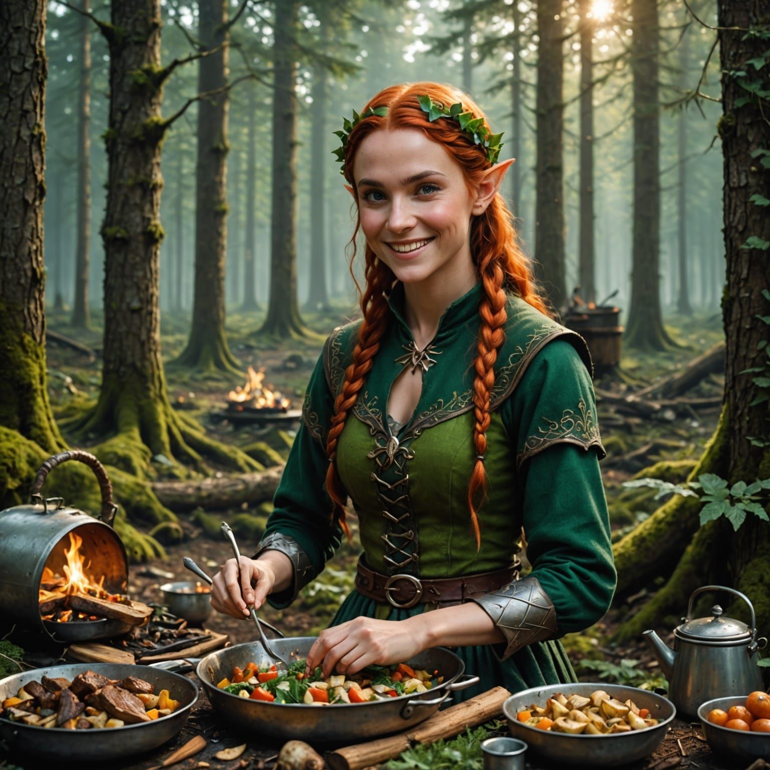 Female Elf Cooks for Companions in Enchanted Woods Scene